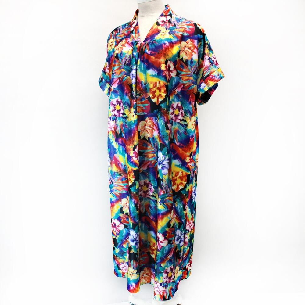 Village Fair Vintage tropical print muumuu kaftan house dress lounge robe one sz